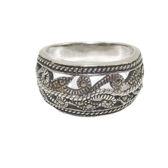 Sterling Silver Marcasite Scroll Vine Band Ring Size 7.5 - Picture 1 of 4